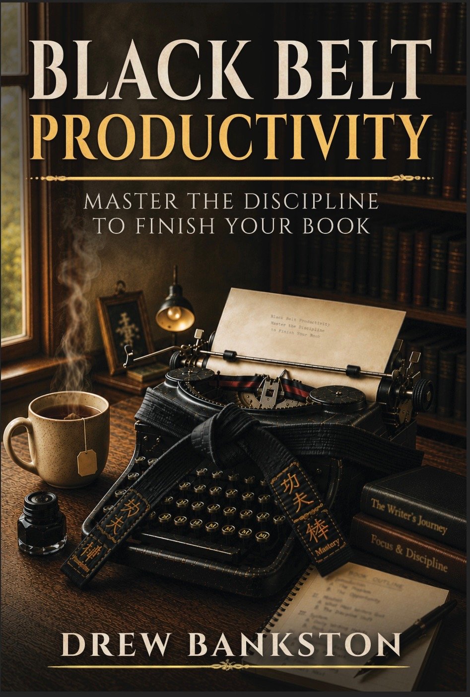Black Belt Productivity: Master the Discipline to Finish Your Book — front cover, a typewriter wearing a black belt