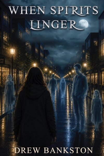 Cover of When Spirits Linger by Drew Bankston: a hooded figure on a rain-slick city street at night, surrounded by translucent ghostly figures under a full moon